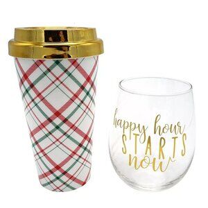 TMD Holdings 2-Piece Holiday Plaid Acrylic Travel Mug & Stemless Wine Glass Set